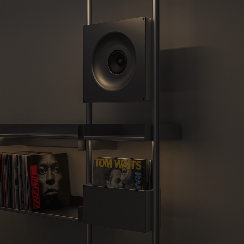 aluminum grid sound wall imagines modular speaker system as central furniture piece