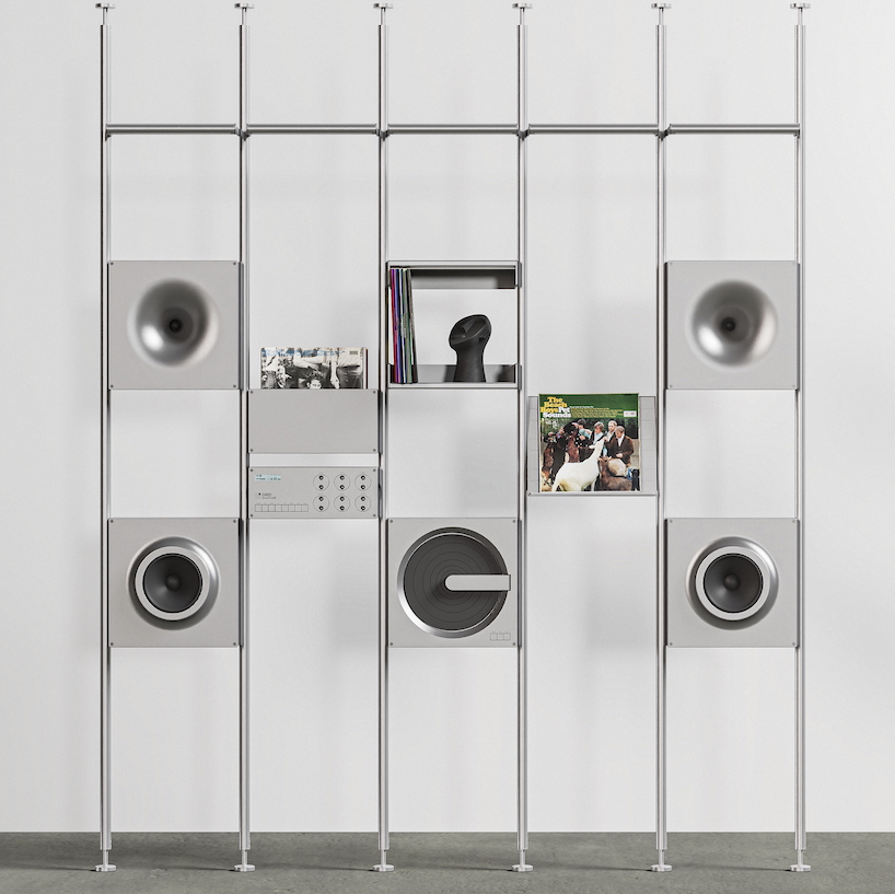 aluminum grid sound wall imagines modular speaker system as central furniture piece