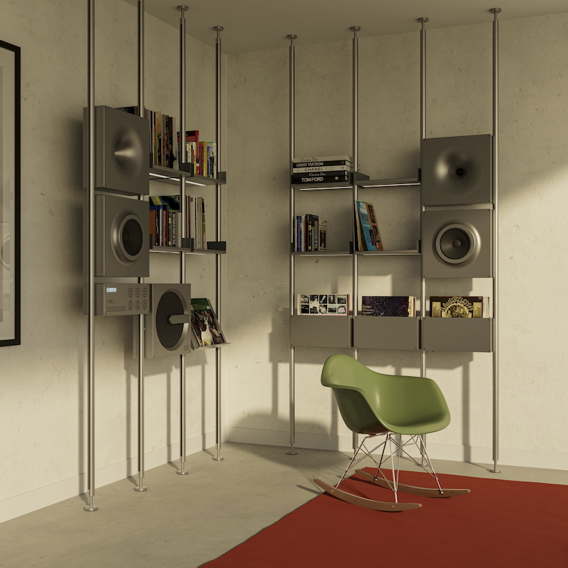 aluminum grid sound wall imagines modular speaker system as central furniture piece
