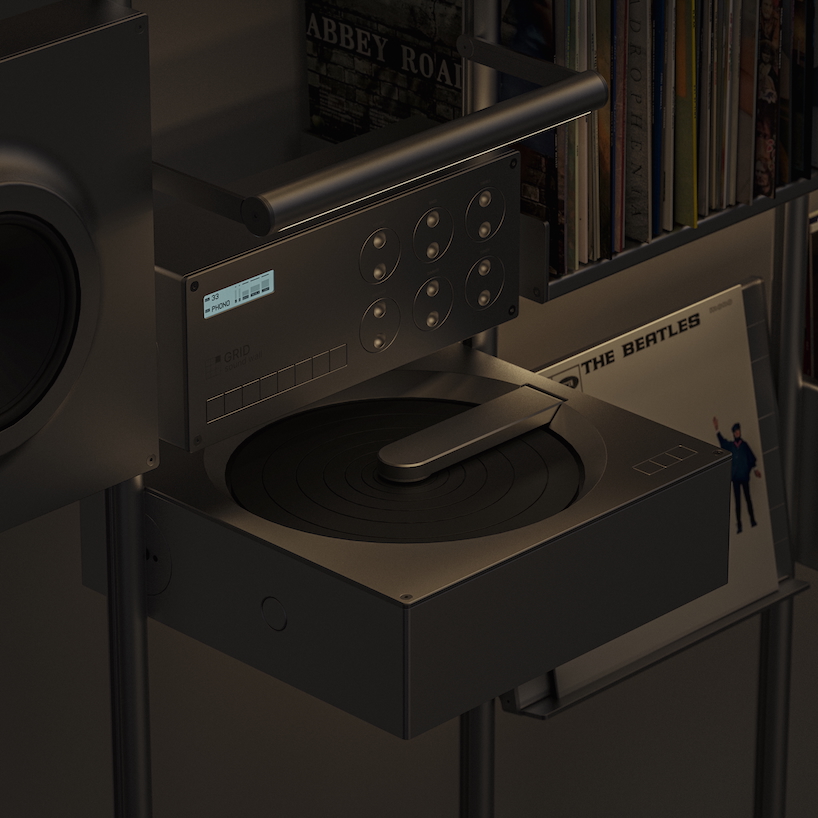 aluminum grid sound wall imagines modular speaker system as central furniture piece