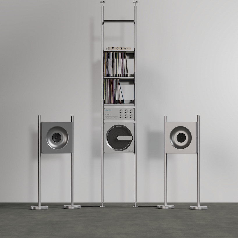 aluminum grid sound wall imagines modular speaker system as central furniture piece