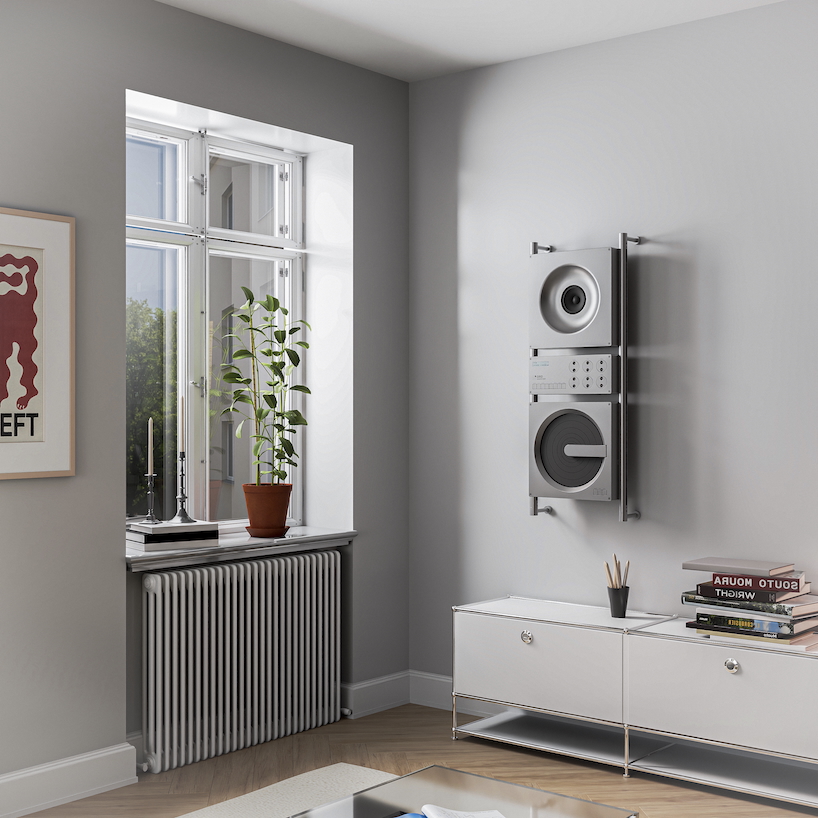 aluminum grid sound wall imagines modular speaker system as central furniture piece