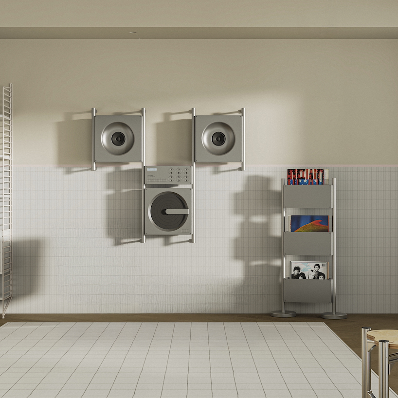 aluminum grid sound wall imagines modular speaker system as central furniture piece