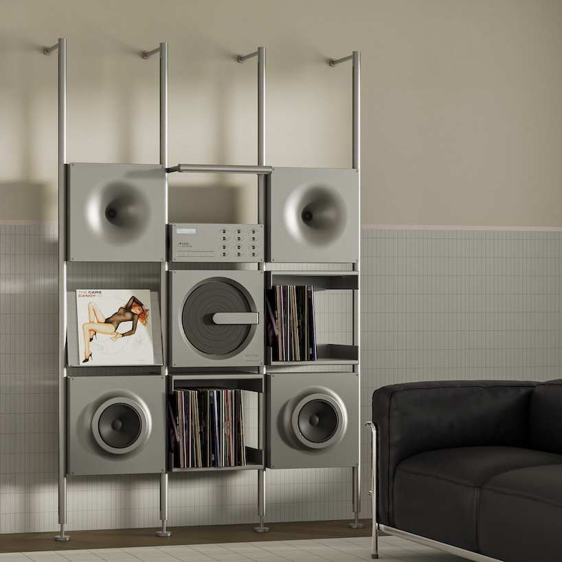 aluminum grid sound wall imagines modular speaker system as central furniture piece