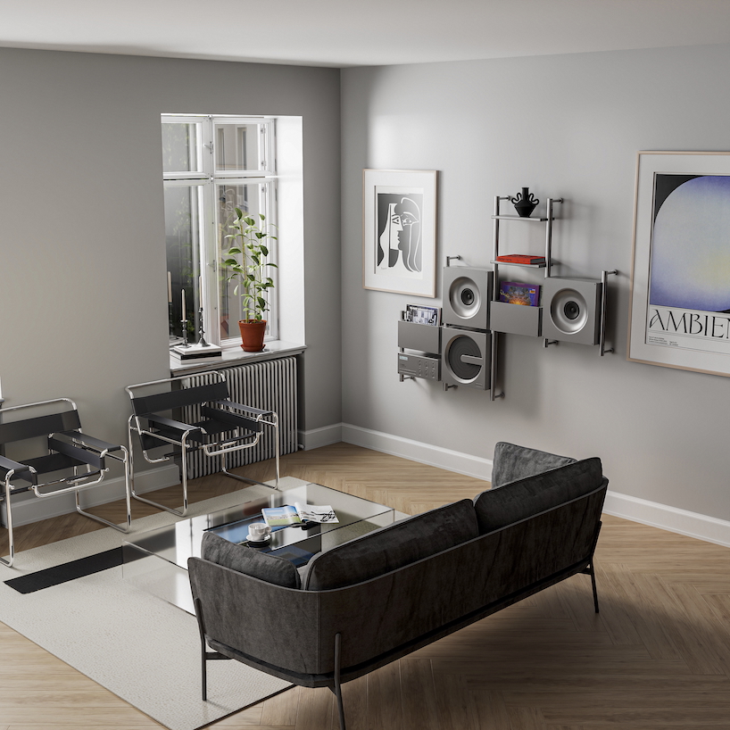 aluminum grid sound wall imagines modular speaker system as central furniture piece