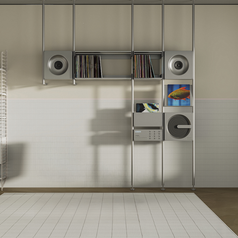 aluminum grid sound wall imagines modular speaker system as central furniture piece