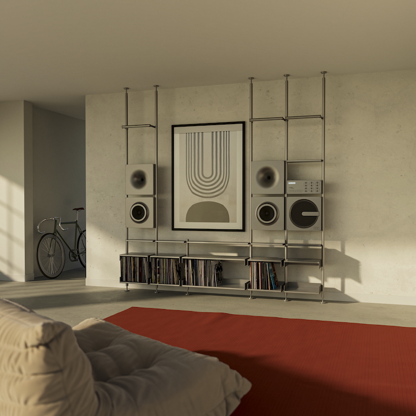 aluminum grid sound wall imagines modular speaker system as central furniture piece