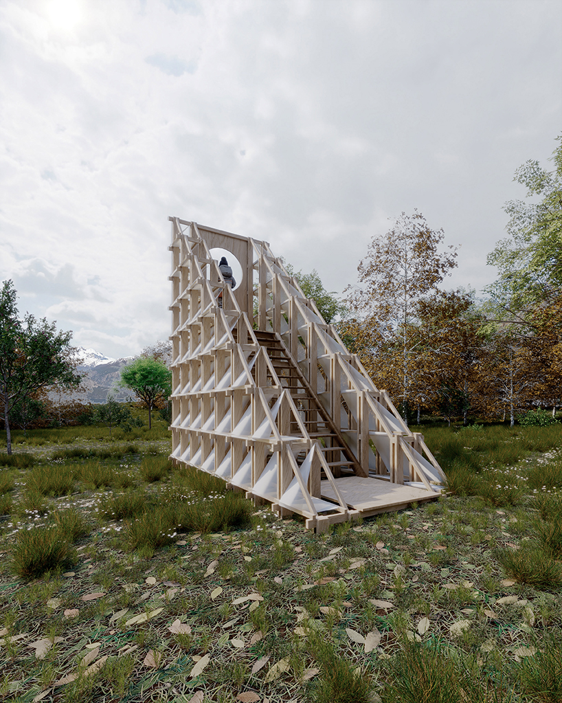 Piel textil blanca en el marco de madera forma triángulo nómada cabaña por celva y saga