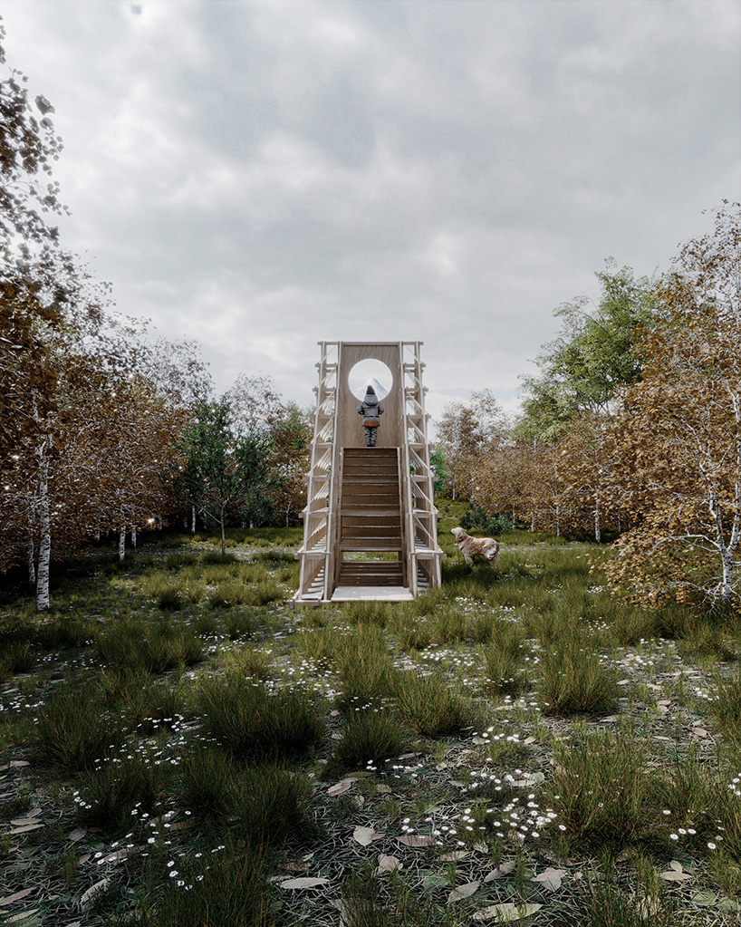 Piel textil blanca en el marco de madera forma triángulo nómada cabaña por celva y saga