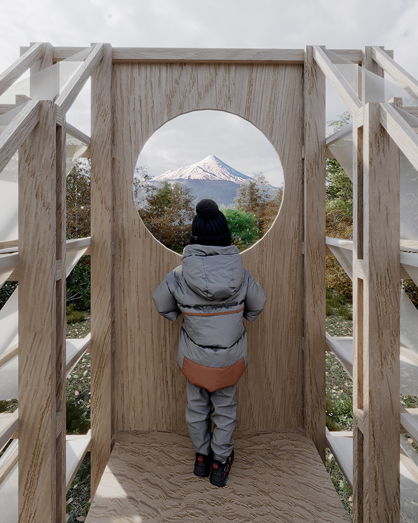 Piel textil blanca en el marco de madera forma triángulo nómada cabaña por celva y saga