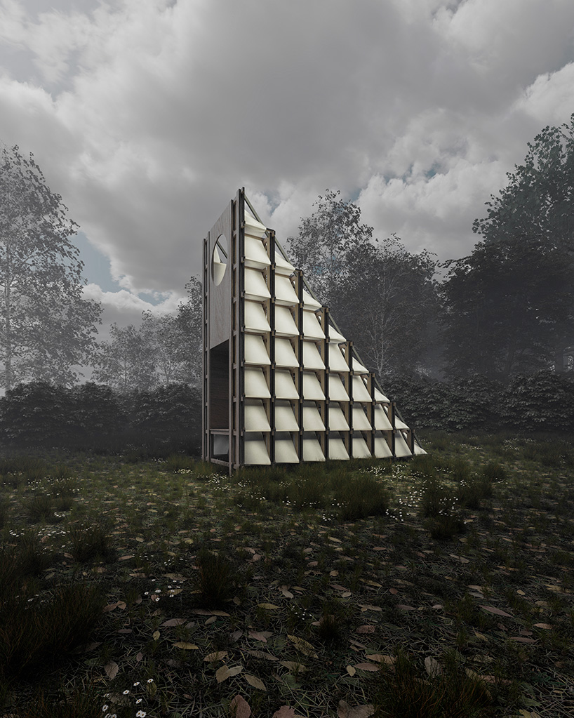 Piel textil blanca en el marco de madera forma triángulo nómada cabaña por celva y saga