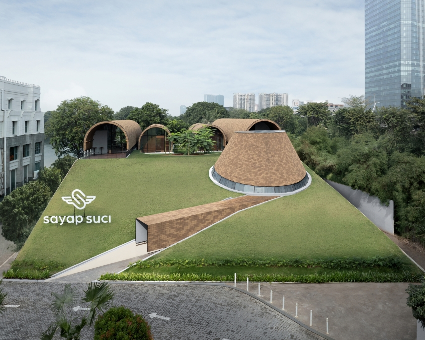 Cuatro refugios arqueados en Rad+AR se extienden en jardines inclinados en capas en el norte de Yakarta