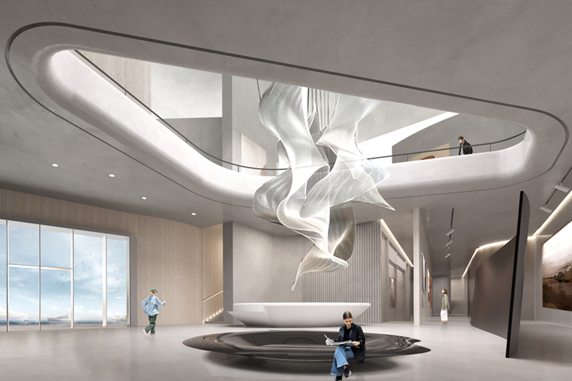 near figure envisions evolving green concrete museum unfolding along helsinki harbor