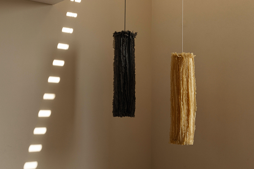 Celulosa bacteriana convertida en escultura de iluminación con volantes translúcidas