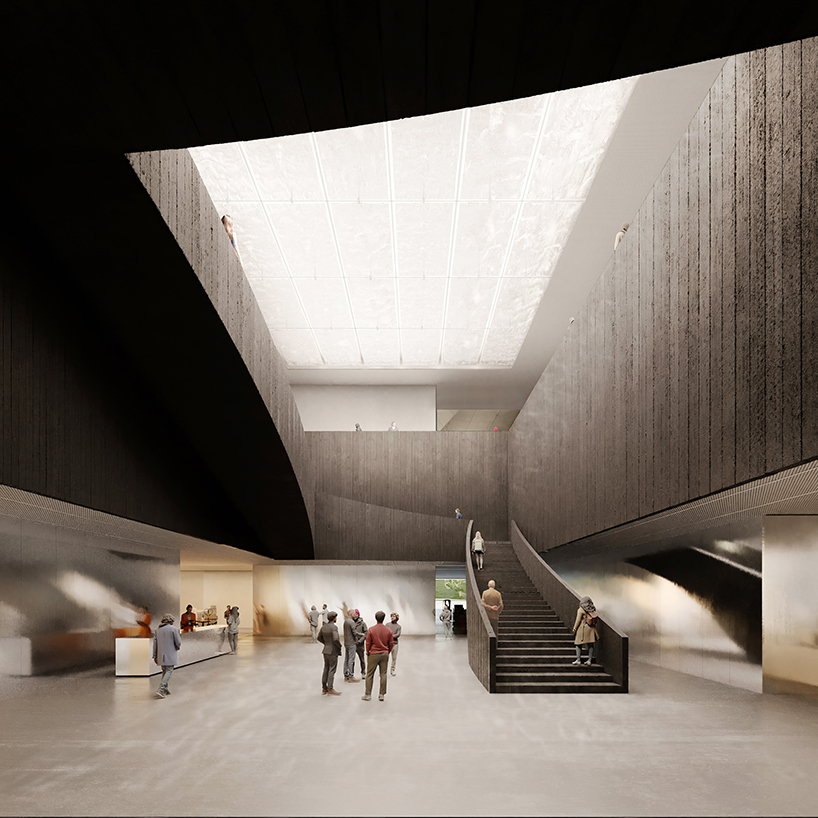 textured glass skin forms into curved roof for cossement cardoso's helsinki museum concept