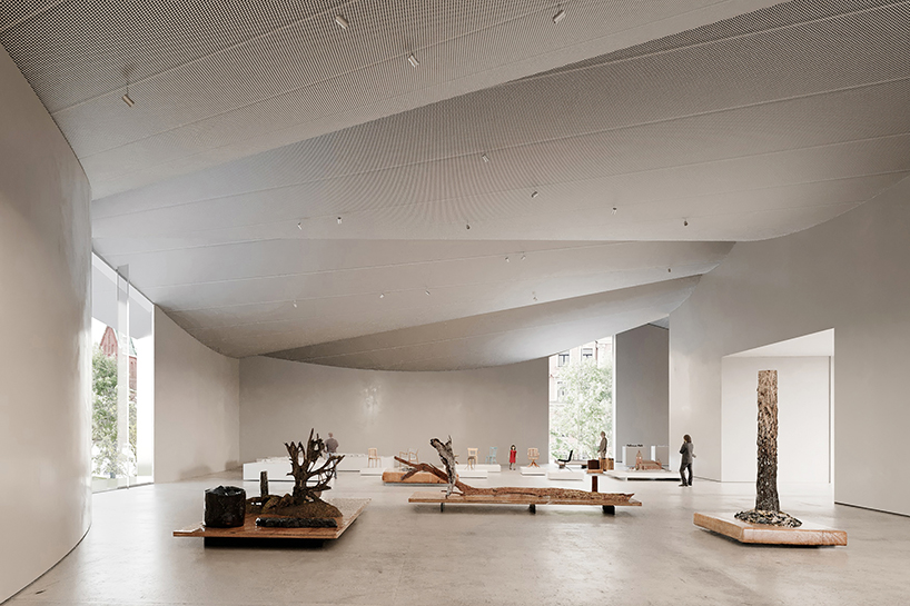 textured glass skin forms into curved roof for cossement cardoso's helsinki museum concept