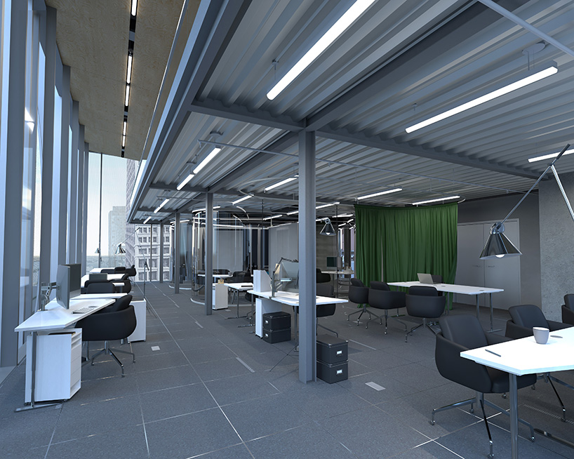 perforated metal panels clad office floating above st. louis's century-old columbia building