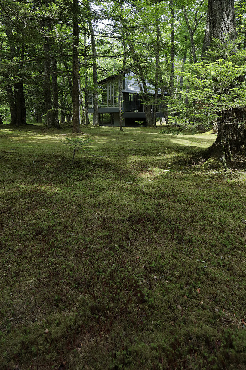 Villa con dosel de madera hexagonal en un jardín de musgo japonés
