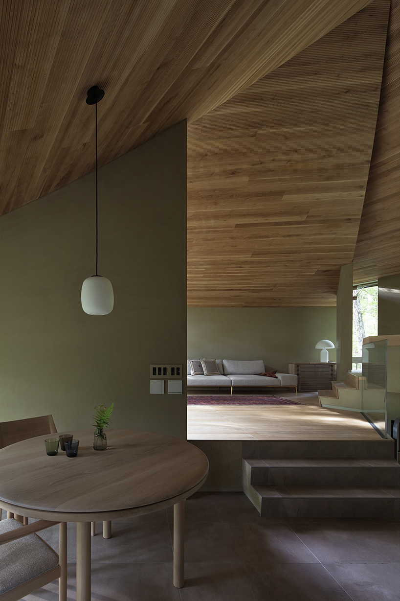 hexagonal wooden canopy crowns villa within moss garden in japan