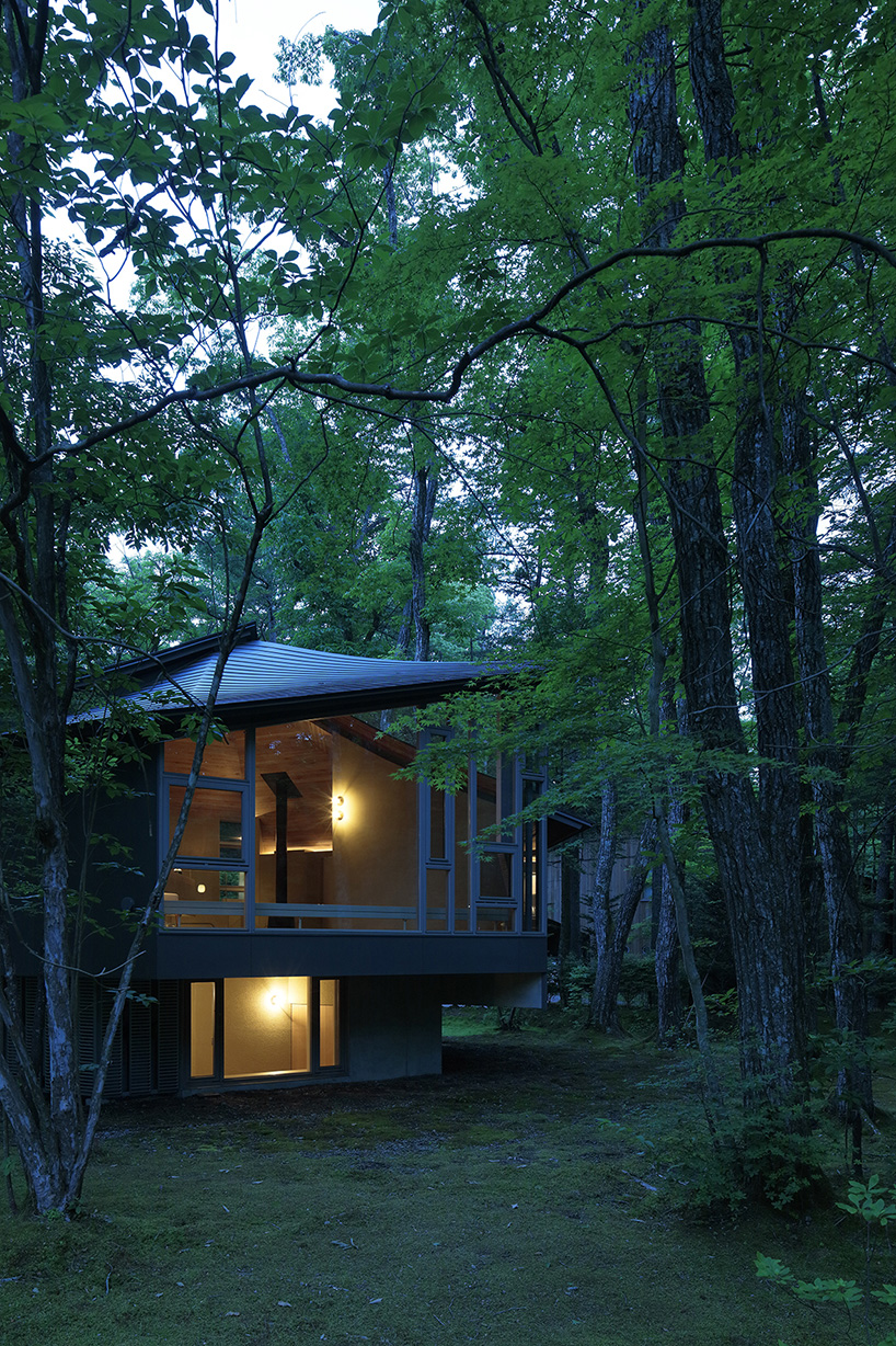 hexagonal wooden canopy crowns villa within moss garden in japan