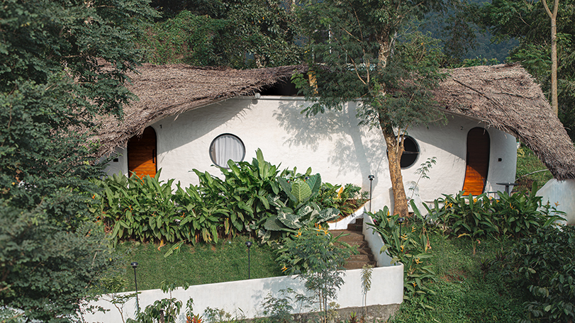 organic shell roof made of thatch and mud tops sculptural eco-retreat in india