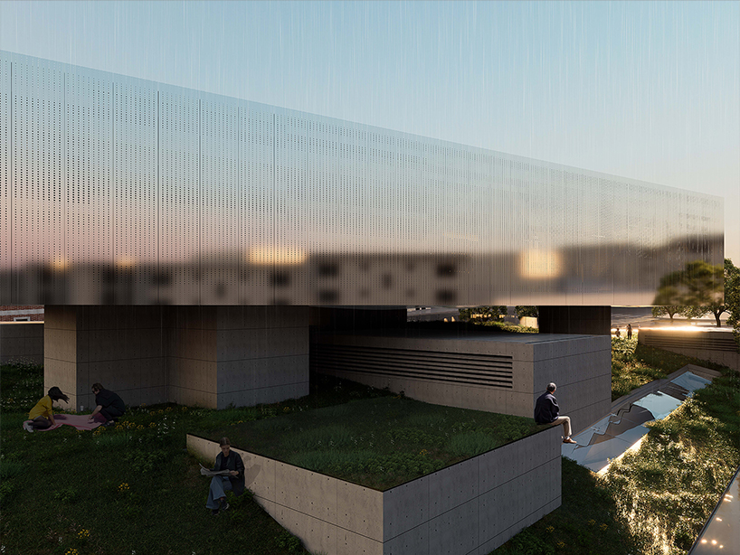 reflective metal facade wraps another side funeral home&rsquo;s elevated volume in san francisco