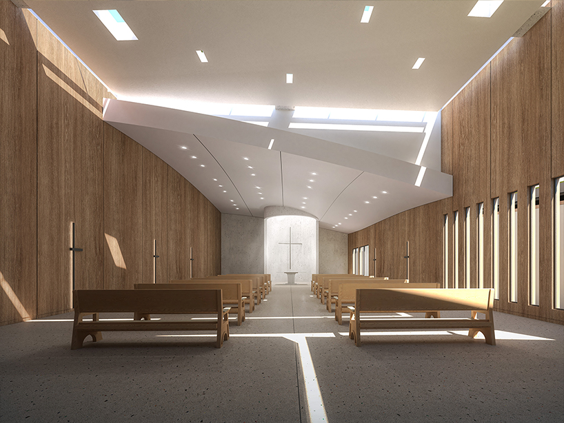 reflective metal facade wraps another side funeral home&rsquo;s elevated volume in san francisco