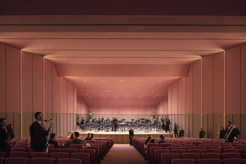 bright pink interior revitalizes adaptive acoustic music hall for sax’s cultural complex in spain