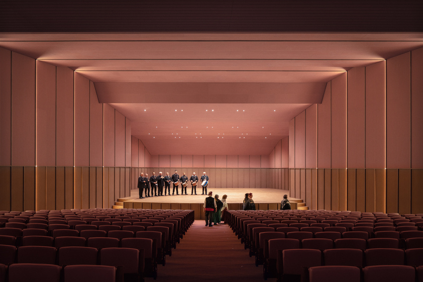 bright pink interior revitalizes adaptive acoustic music hall for sax’s cultural complex in spain