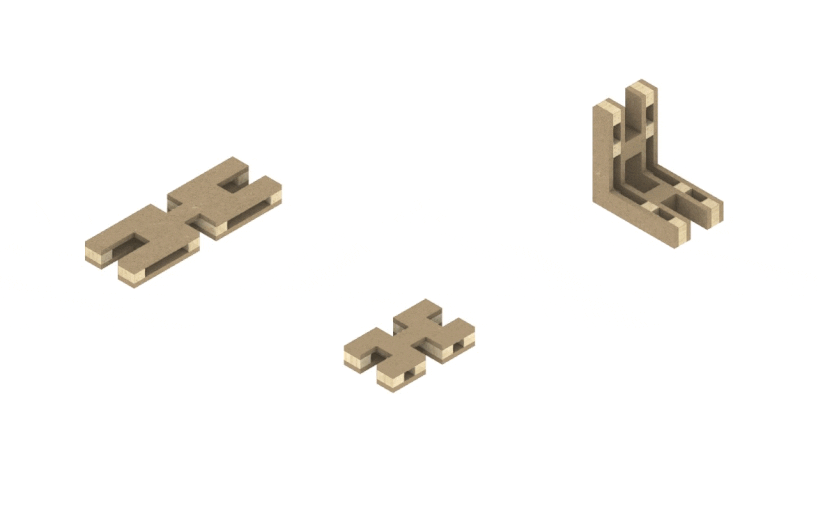 HXL tool-less modular system reconfigures from exhibition sculpture into adaptable furniture