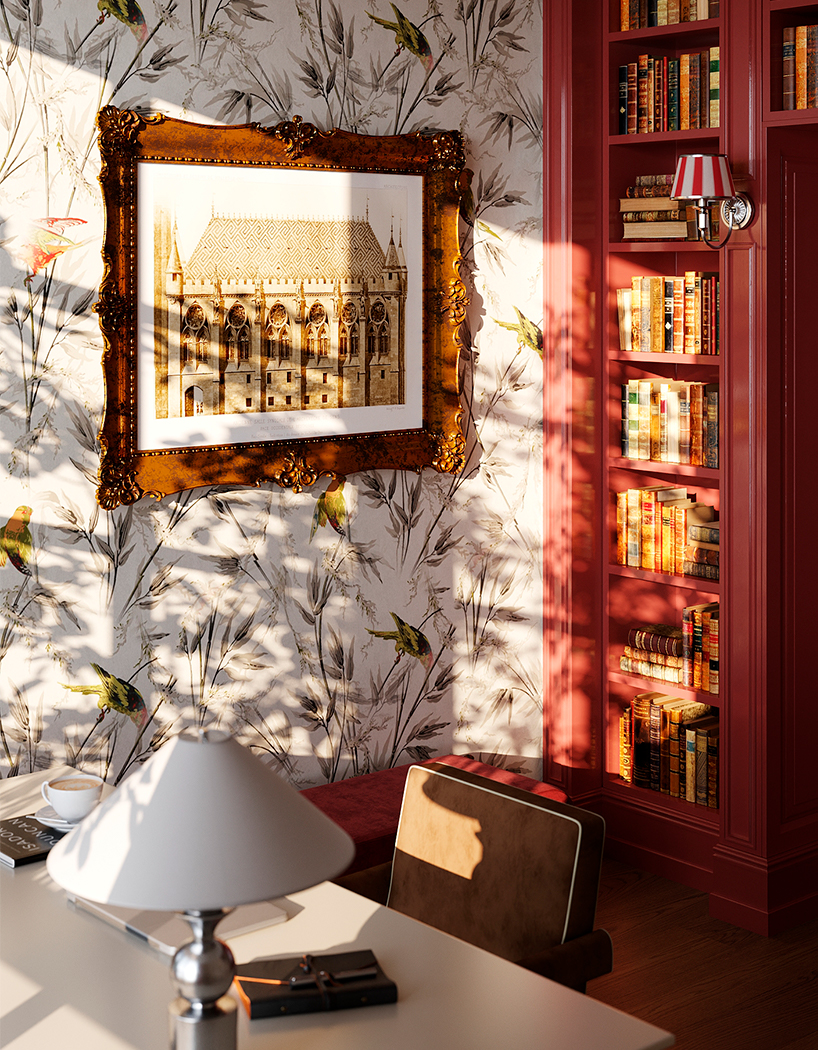 traditional european library transforms compact office into a layered reading space