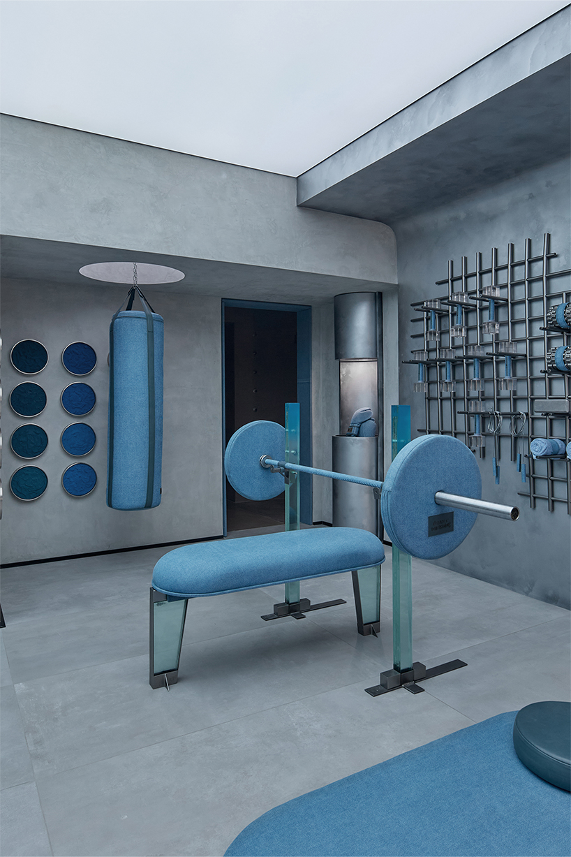 denim wraps workout equipment within sutura sculptural gym in mexico