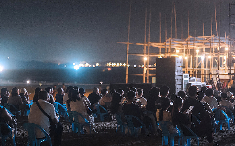 traditional bamboo scaffolding constructs temporary theater along chinese coast