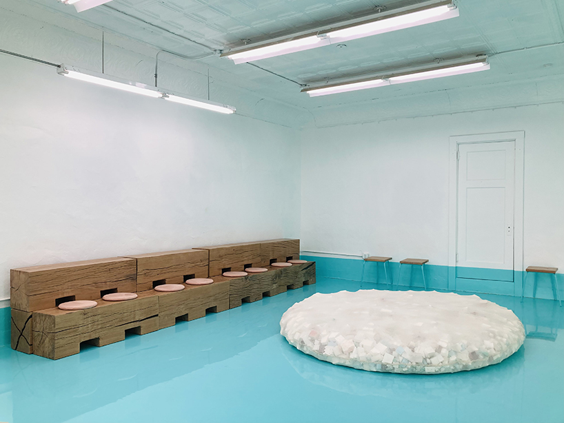 reclaimed oak, cork, and cardboard build flexible furniture for cultural hub in NY - 4