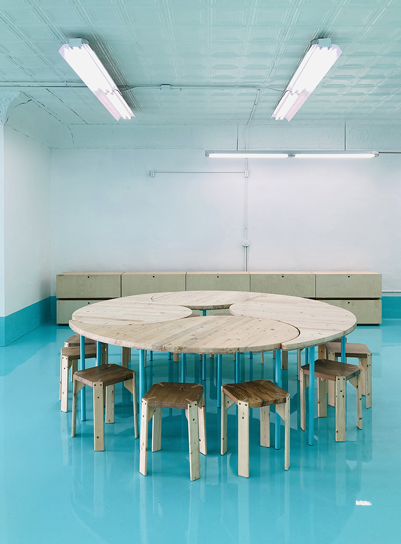 reclaimed oak, cork, and cardboard build flexible furniture for cultural hub in NY - 8