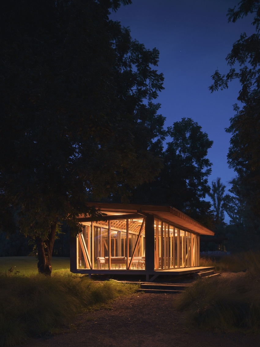 rhythmic timber and glass pavilion unfolds beneath pecan tree canopy in argentina - 12