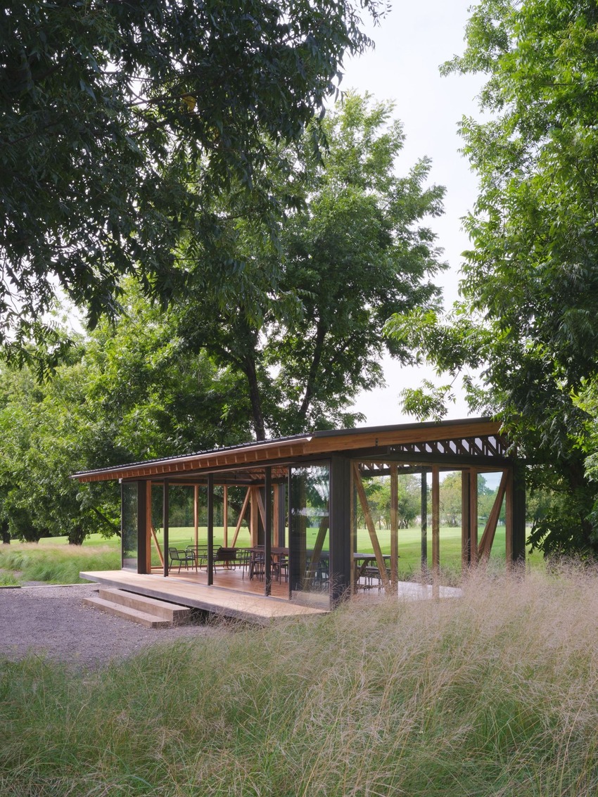 rhythmic timber and glass pavilion unfolds beneath pecan tree canopy in argentina - 3