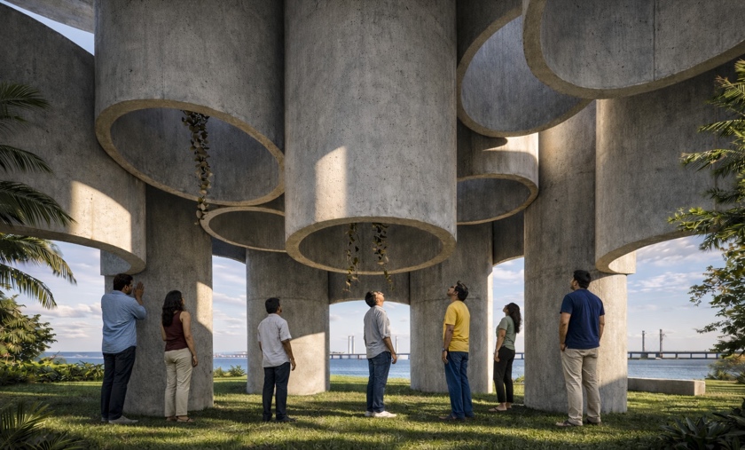 cut, rotated, and suspended concrete pipes create reusable pavilion in mumbai - 2