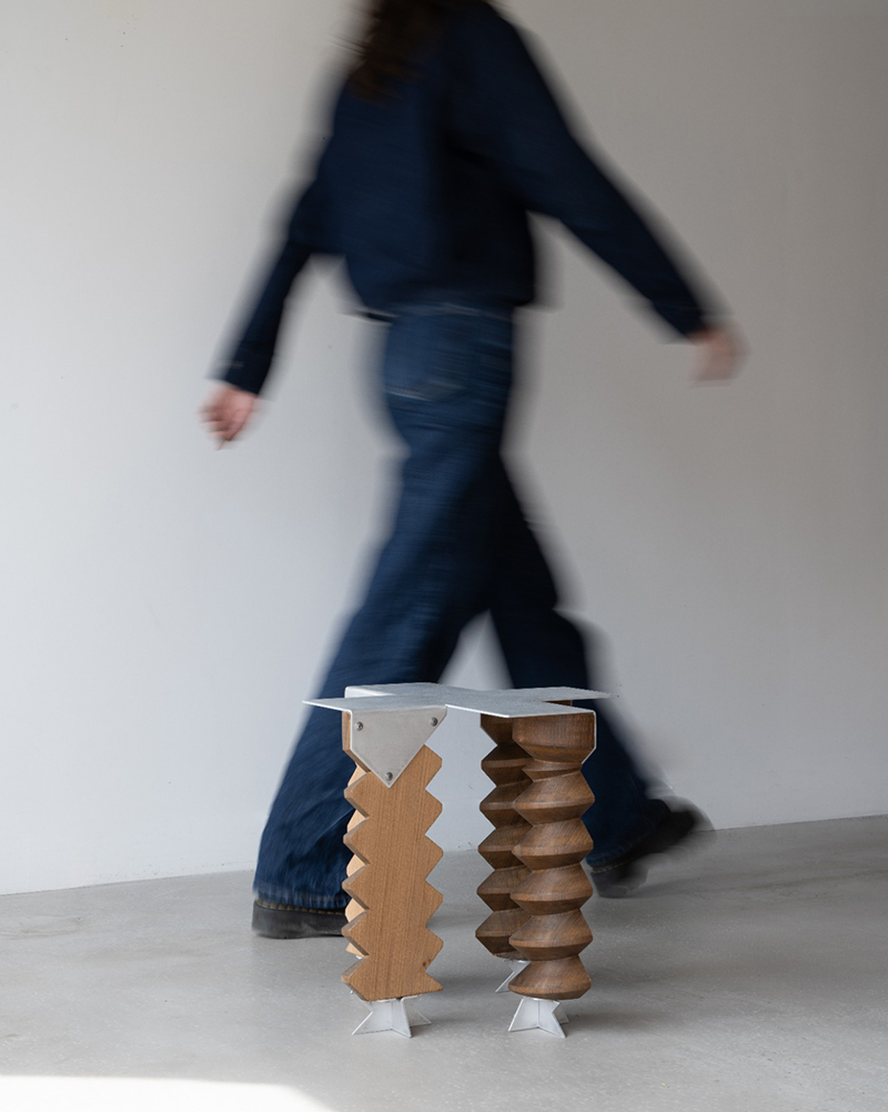 view of the stool’s seat, with a spiral profile echoing the original wooden mechanism