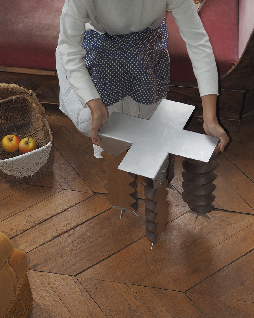 1930s cider press screw becomes sculptural stool in reclaimed wood and brushed aluminum - 1