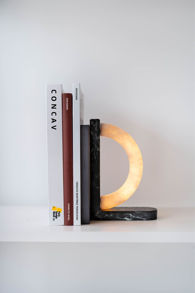 hollowed quartzite and steel form concav book, a magnetic bookend luminaire - 1