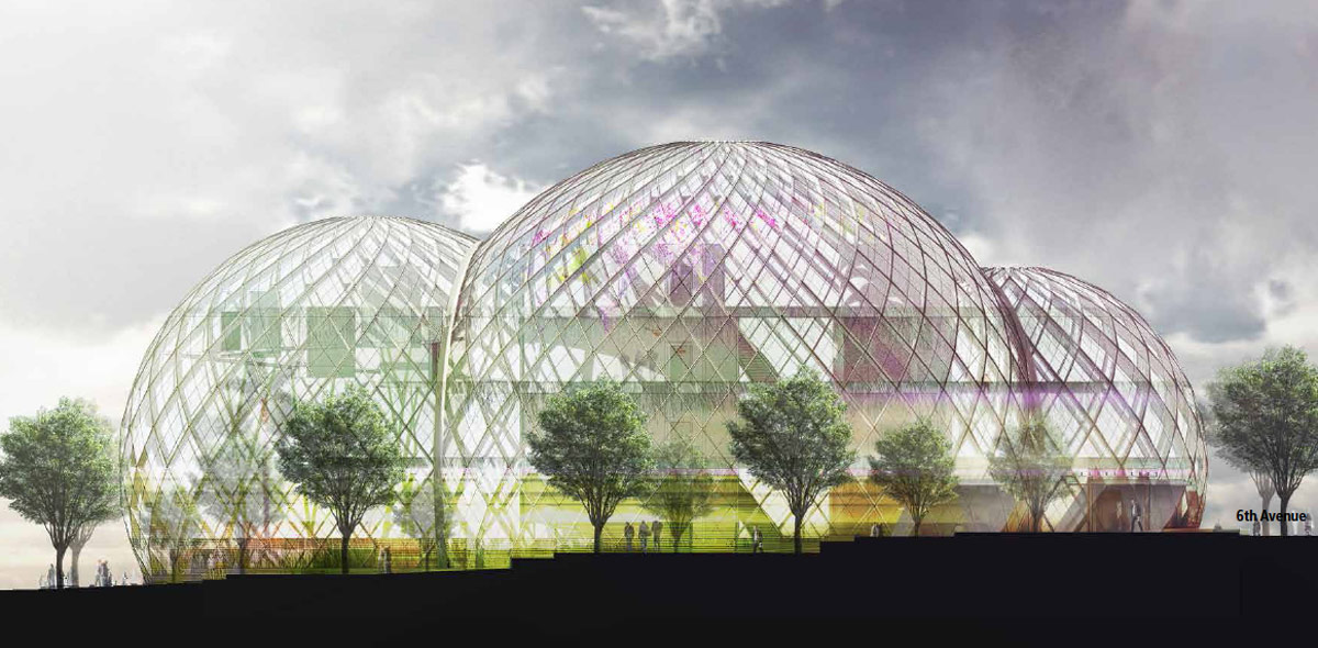 nbbj adds glass biospheres to amazon headquarters proposal