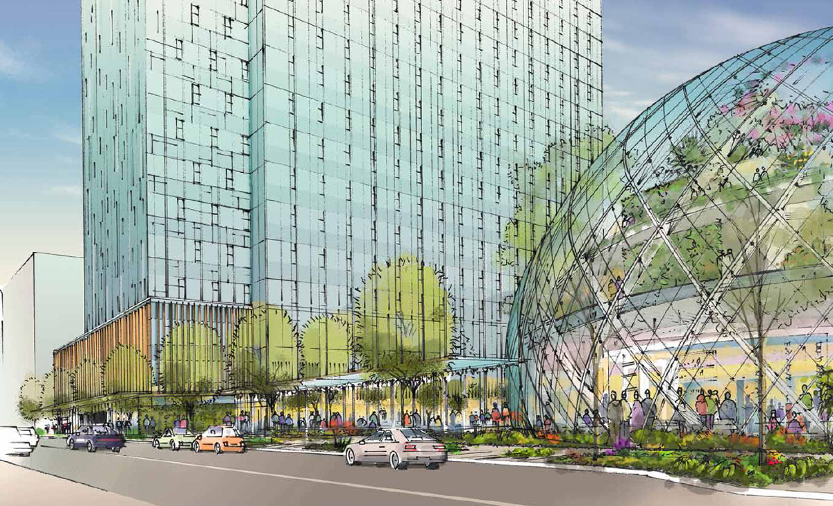 nbbj adds glass biospheres to amazon headquarters proposal