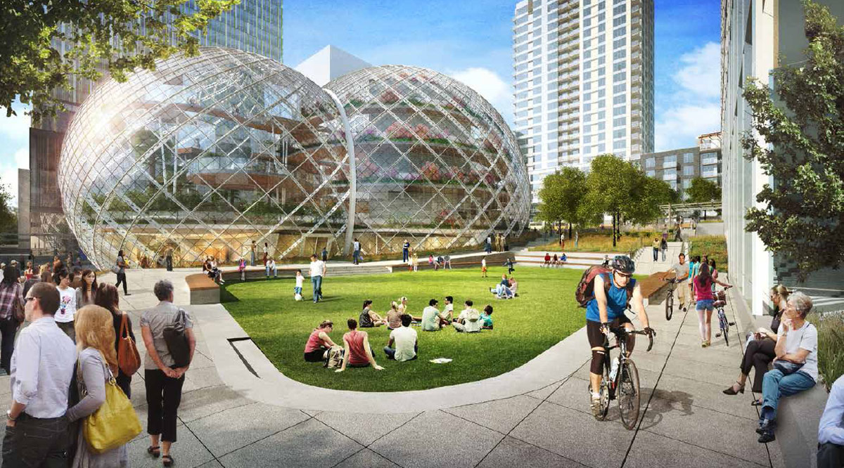 nbbj adds glass biospheres to amazon headquarters proposal