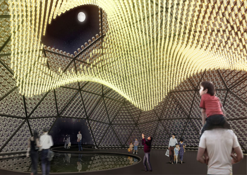 rising moon: lantern pavilion made from recycled water bottles