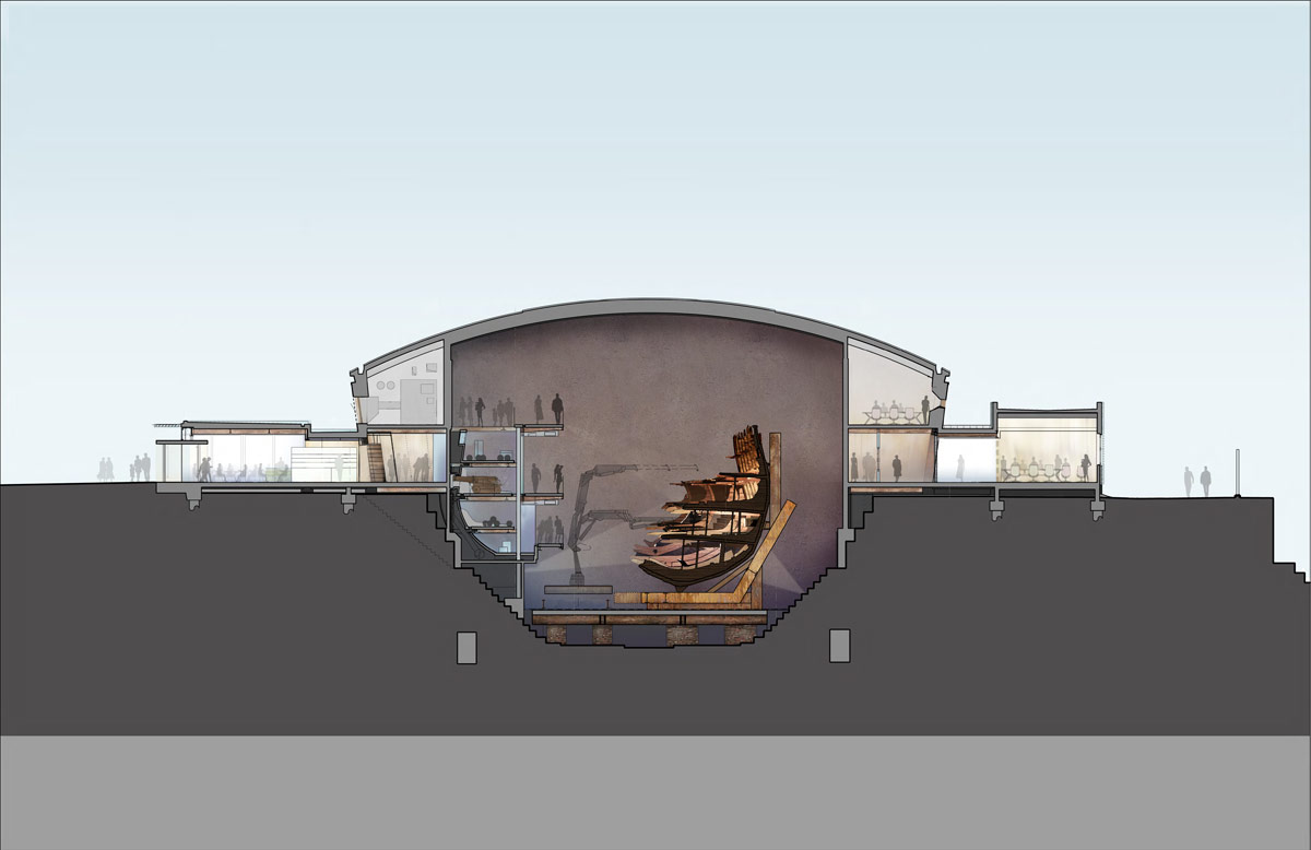 wilkinson eyre architects\' mary rose museum evokes shape of ship hull