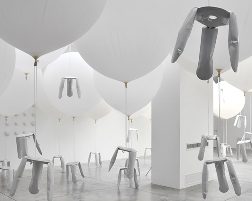 oskar zieta: bazair installation with aluminium plopp stools