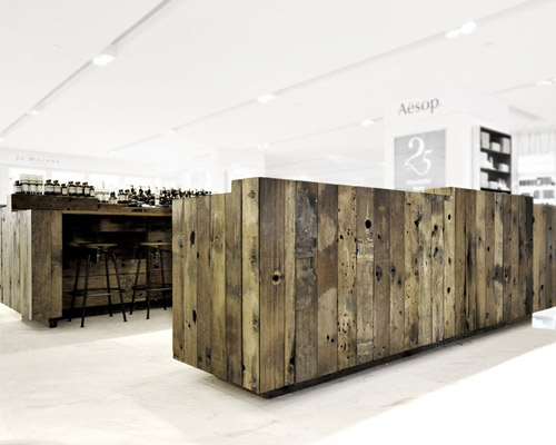 cheungvogl: boat timber installation at aesop, hong kong