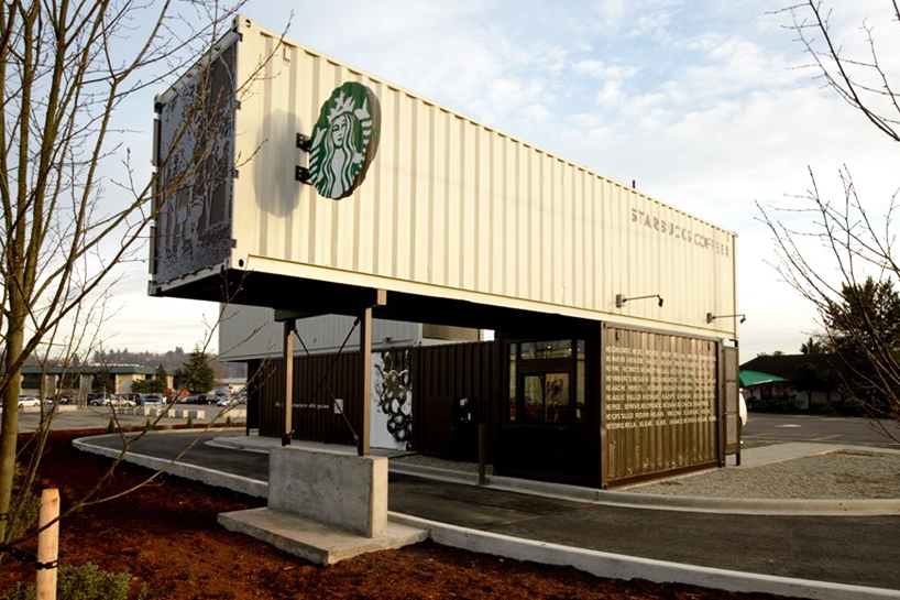 starbucks drive thru and walk up store made from shipping containers