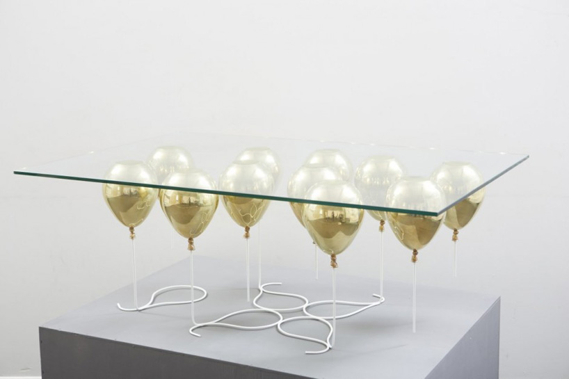 golden balloons support glass tabletop UP by duffy london